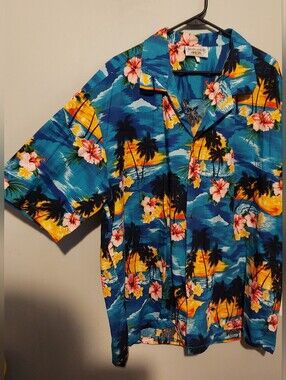 Vintage Pacific Legend Floral Hawaiian Camp Shirt Mens 3XL Blue USA Palm Trees